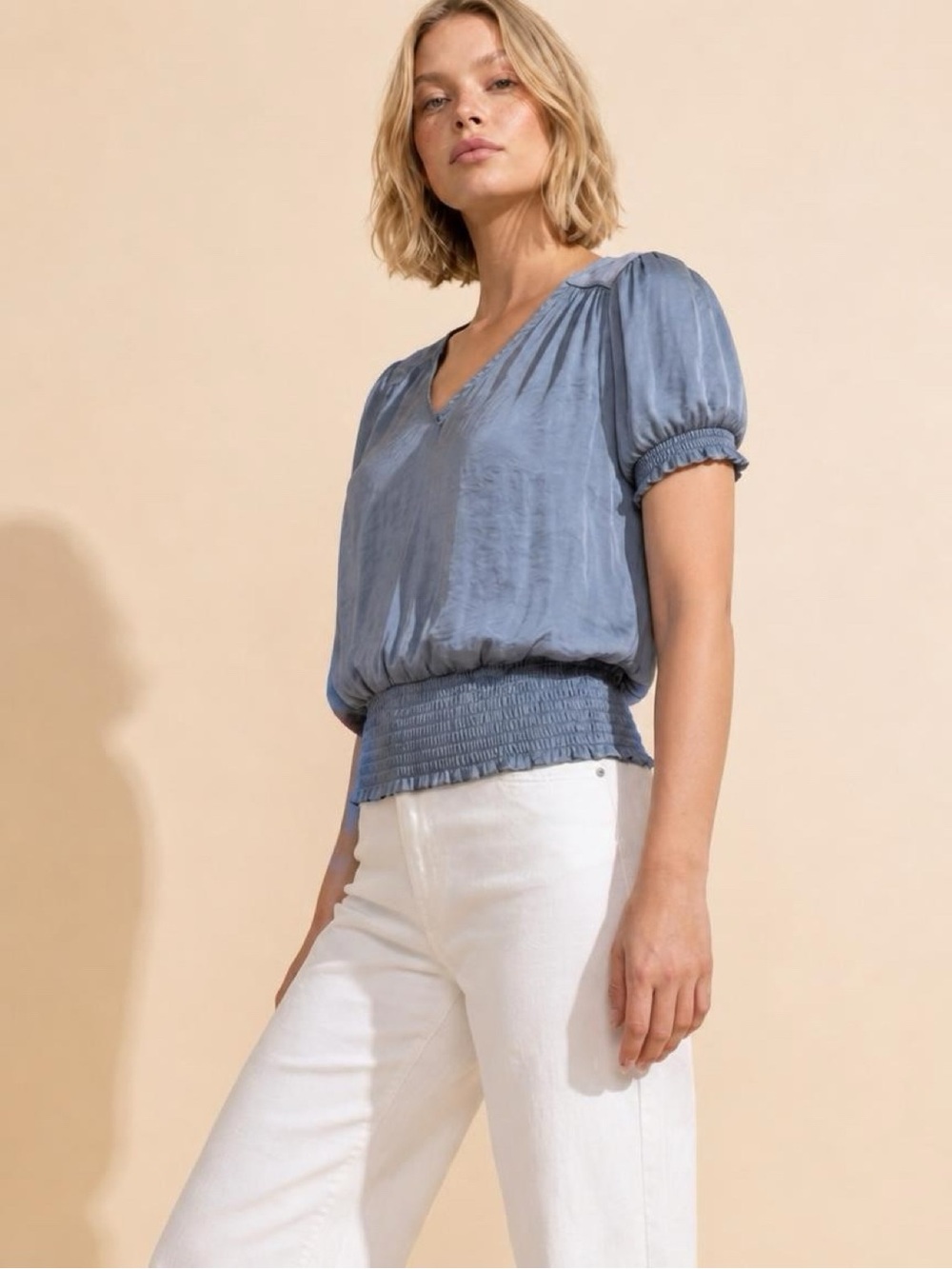 Philosophy Smocked Hem V-Neck Puff Sleeve Top - Blue